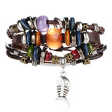 Tibet Stone Feather Multilayer Leather Bracelet Eye Fish Charms Beads - Sabuycar