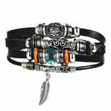 Tibet Stone Feather Multilayer Leather Bracelet Eye Fish Charms Beads - Sabuycar