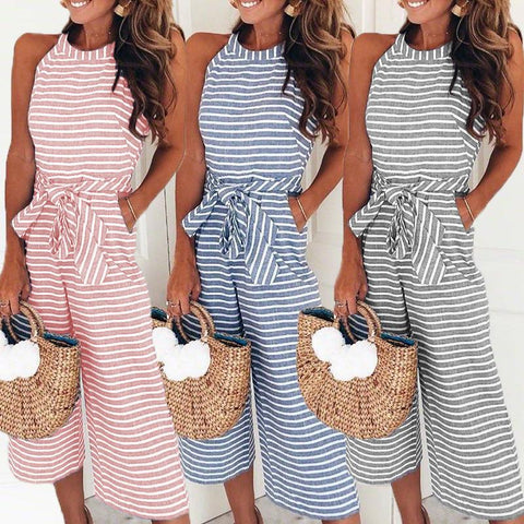 Elegant Sexy Jumpsuits Women Sleeveless Striped Jumpsuit Loose Trousers - Sabuycar