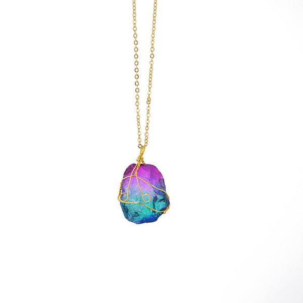 Rainbow Natural Stone Pendant Necklace Fashion Crystal  Rock Necklace - Sabuycar