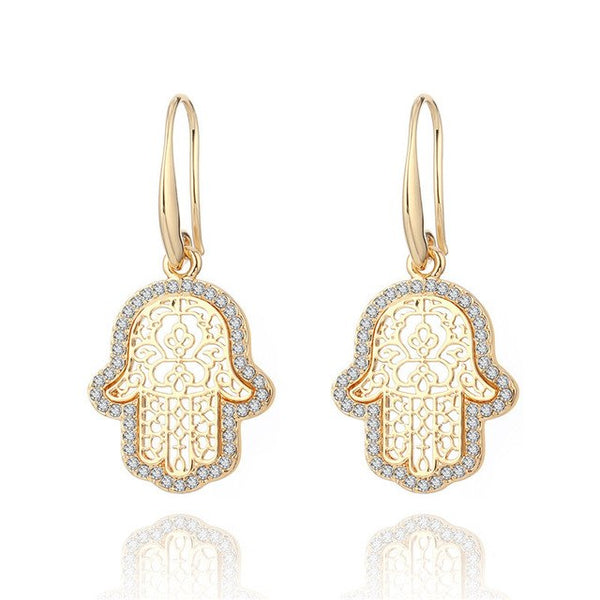 Hollow Gold Fati Hamsa Hand Drop Earrings For Women - Sabuycar